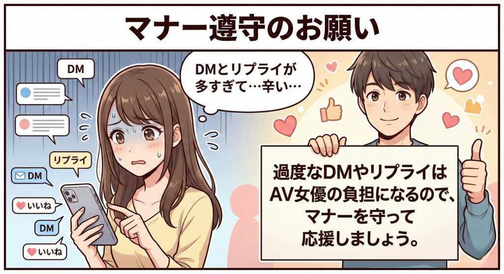 過度なDMやリプライは女優の負担になるので、マナーを守って応援しましょう。