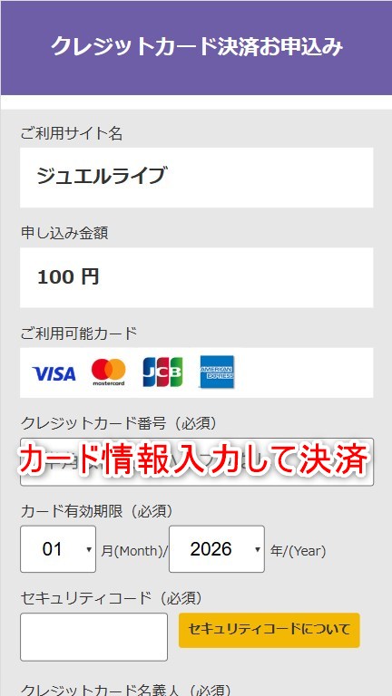ジュエルライブでクレジットカードで100円決済する