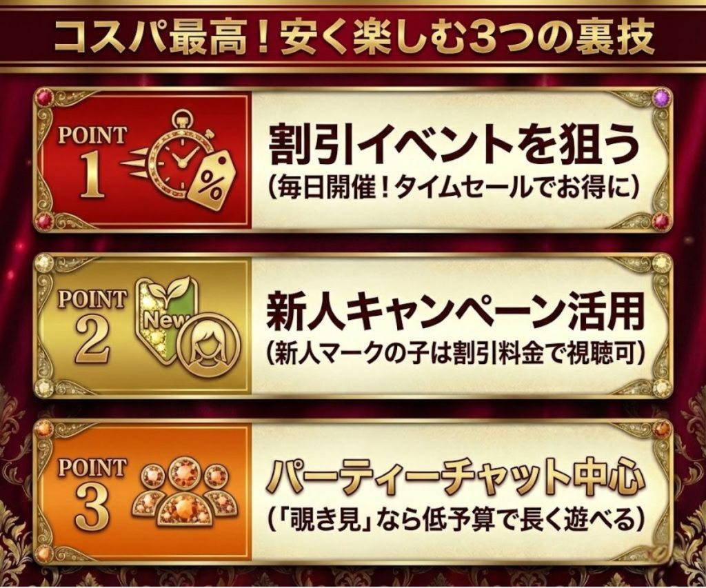 エンジェルライブの料金を安く抑えるコツ。割引イベント、新人キャンペーン、パーティーチャット活用の3点を解説。