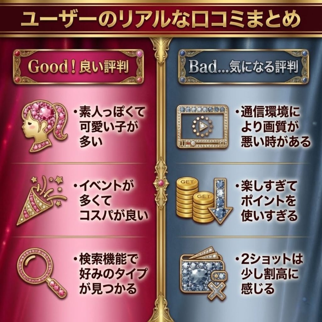 エンジェルライブの口コミ評判まとめ。女の子のレベルの高さやイベントの多さが好評な一方、画質や使いすぎへの懸念もあり