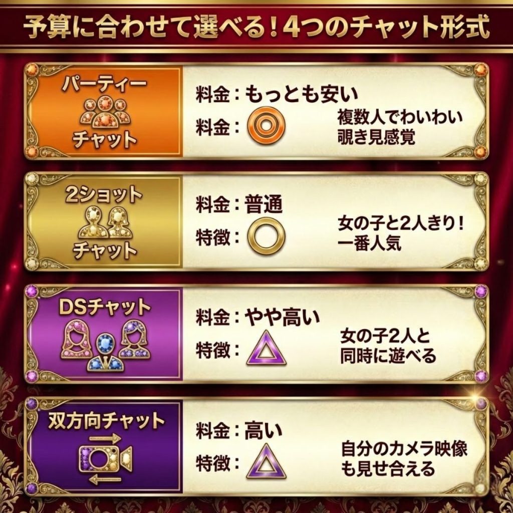 エンジェルライブのチャット種類別料金比較。パーティーチャットは安く、2ショットはプライベート感重視などを用途別に解説。
