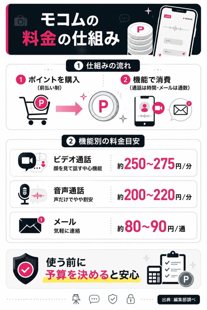 モコムのポイント前払い制と、ビデオ通話・音声通話・メールの機能別料金目安をまとめた図解