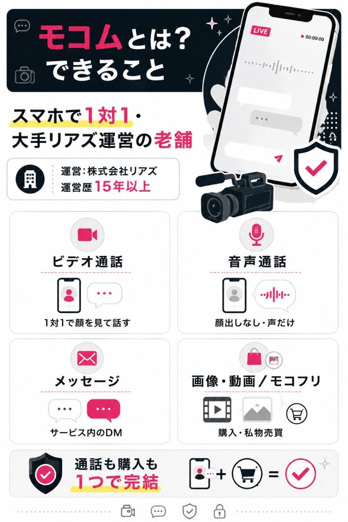 モコムでできること(ビデオ通話・音声通話・メッセージ・画像動画)と運営体制を整理した図解