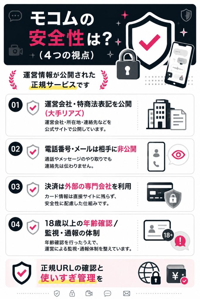 モコムの安全性を運営情報・匿名性・決済・年齢確認の4視点で整理した図解