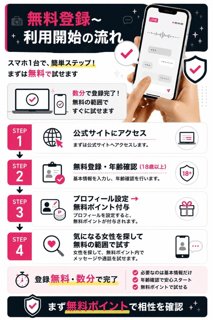 モコムの無料登録から利用開始までの4ステップを示した手順図解
